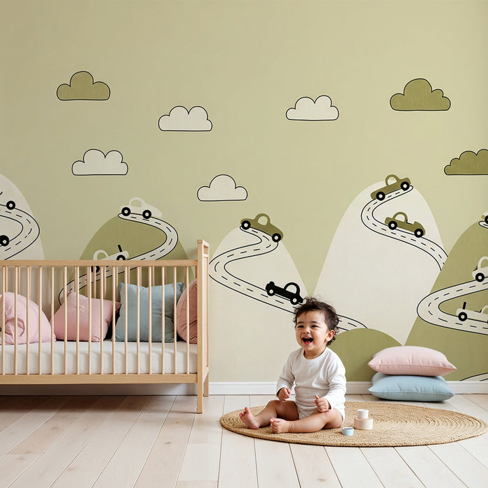 Papier peint chambre enfant | Route sinueuse avec voitures au milieu de collines douces