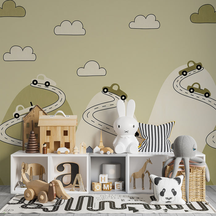 Papier peint chambre enfant | Route sinueuse avec voitures au milieu de collines douces