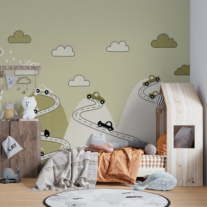 Papier peint chambre enfant | Route sinueuse avec voitures au milieu de collines douces