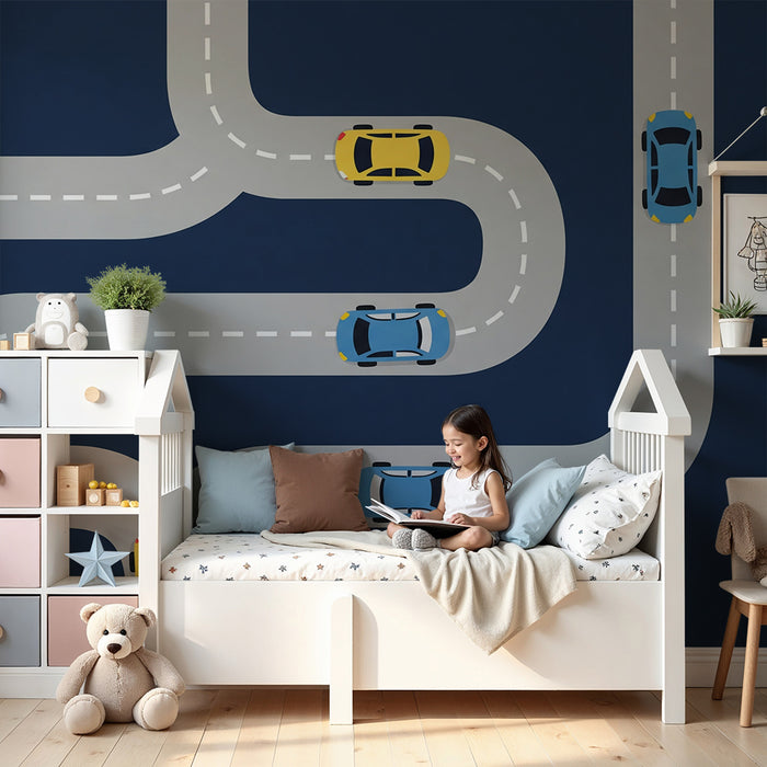 Papier peint chambre enfant | Route sinueuse avec voitures colorées
