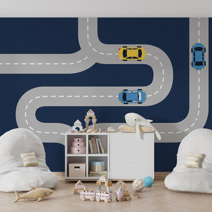 Papier peint chambre enfant | Route sinueuse avec voitures colorées