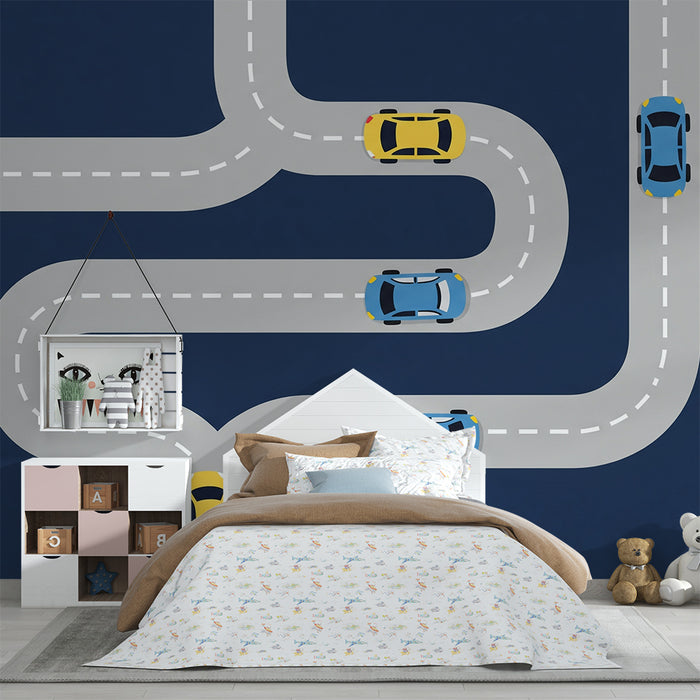 Papier peint chambre enfant | Route sinueuse avec voitures colorées