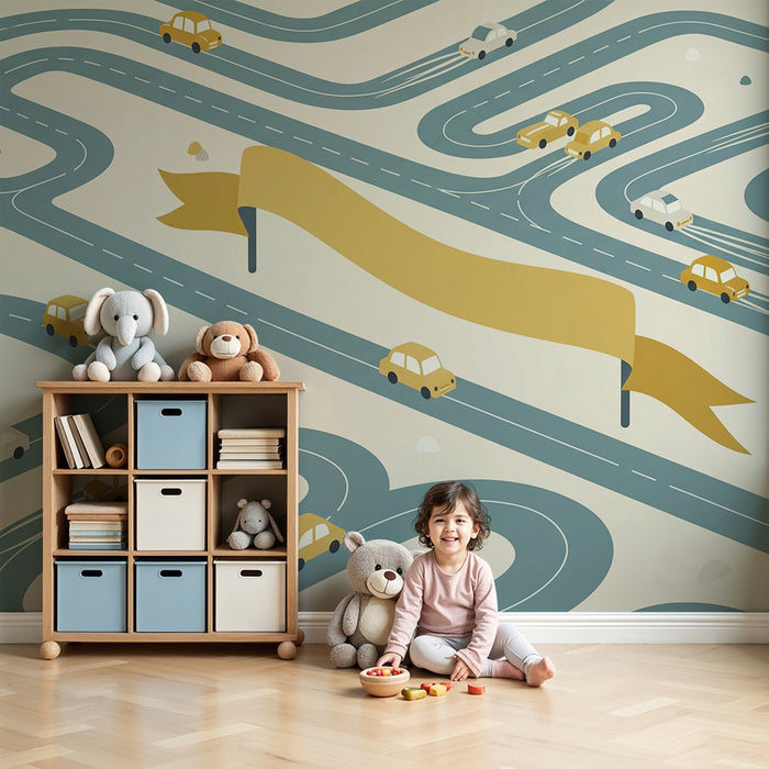 Papier peint chambre enfant | Route sinueuse avec voitures colorées et drapeau