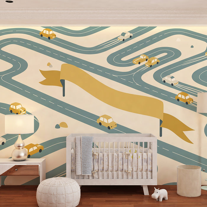Papier peint chambre enfant | Route sinueuse avec voitures colorées et drapeau
