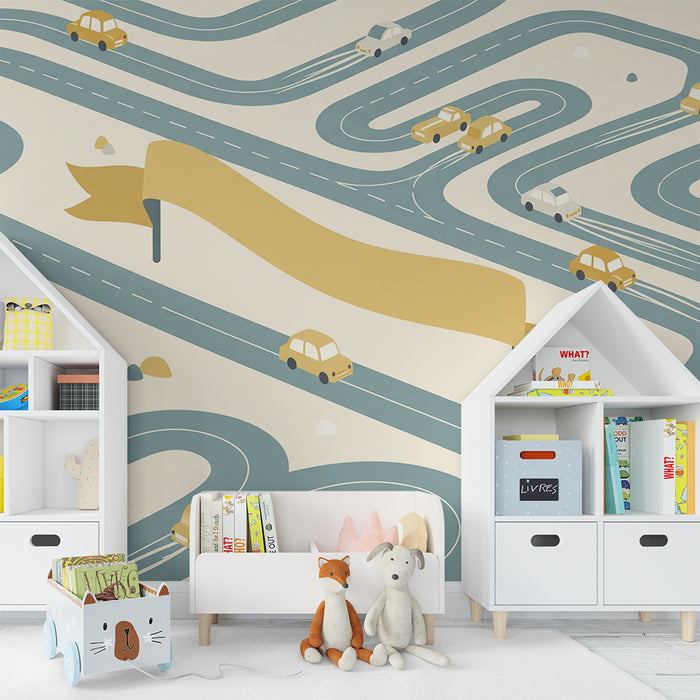 Papier peint chambre enfant | Route sinueuse avec voitures colorées et drapeau