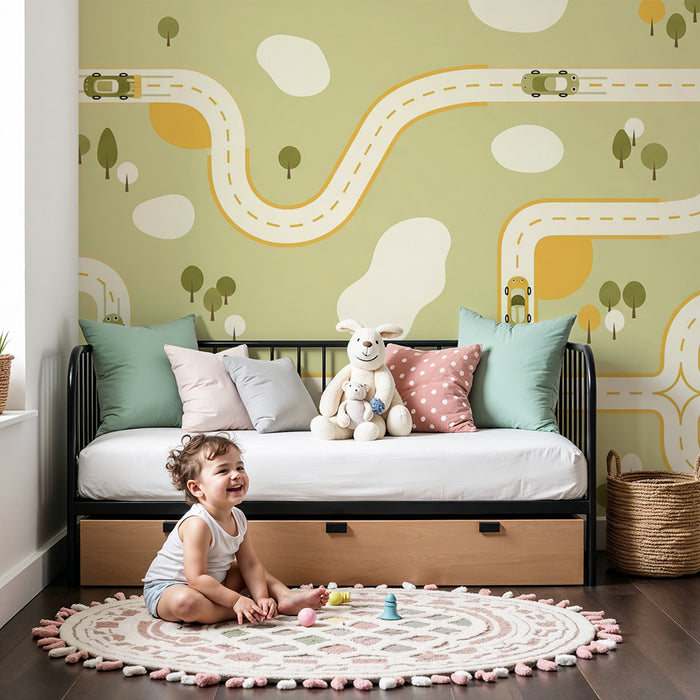 Papier peint chambre enfant | Route sinueuse avec voitures et paysages naturels