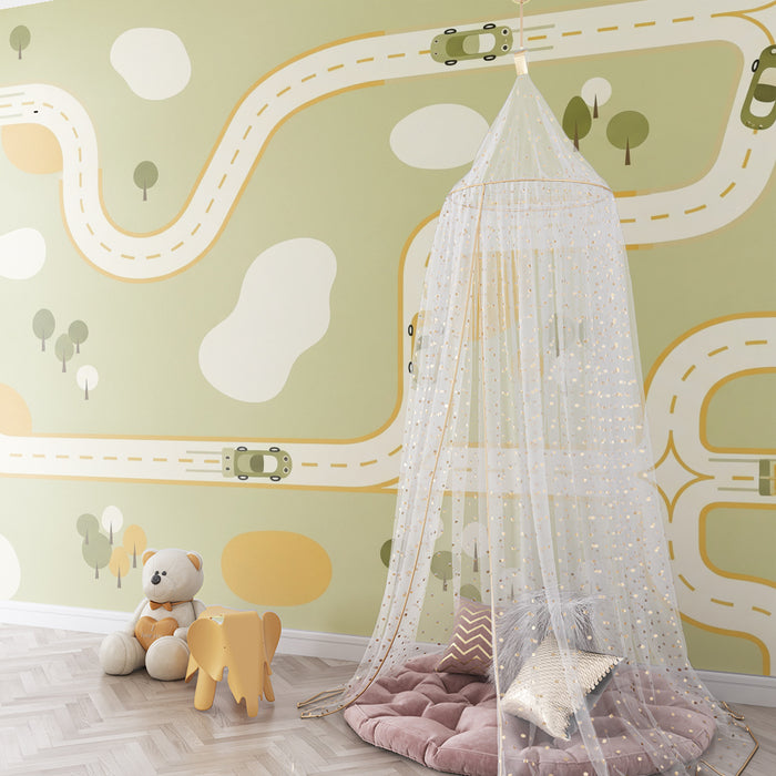 Papier peint chambre enfant | Route sinueuse avec voitures et paysages naturels