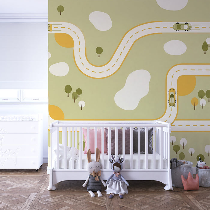 Papier peint chambre enfant | Route sinueuse avec voitures et paysages naturels