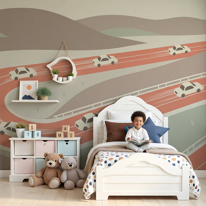 Papier peint chambre enfant | Route sinueuse avec voitures stylisées
