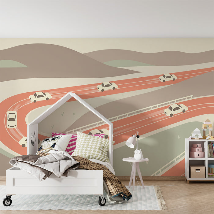 Papier peint chambre enfant | Route sinueuse avec voitures stylisées
