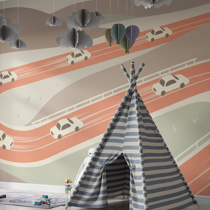 Papier peint chambre enfant | Route sinueuse avec voitures stylisées
