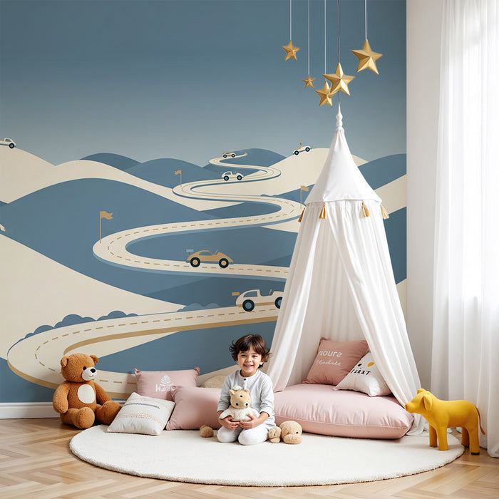 **Kinderzimmer-Tapete | Gewundene Straße mit Autos auf sanften Hügeln**