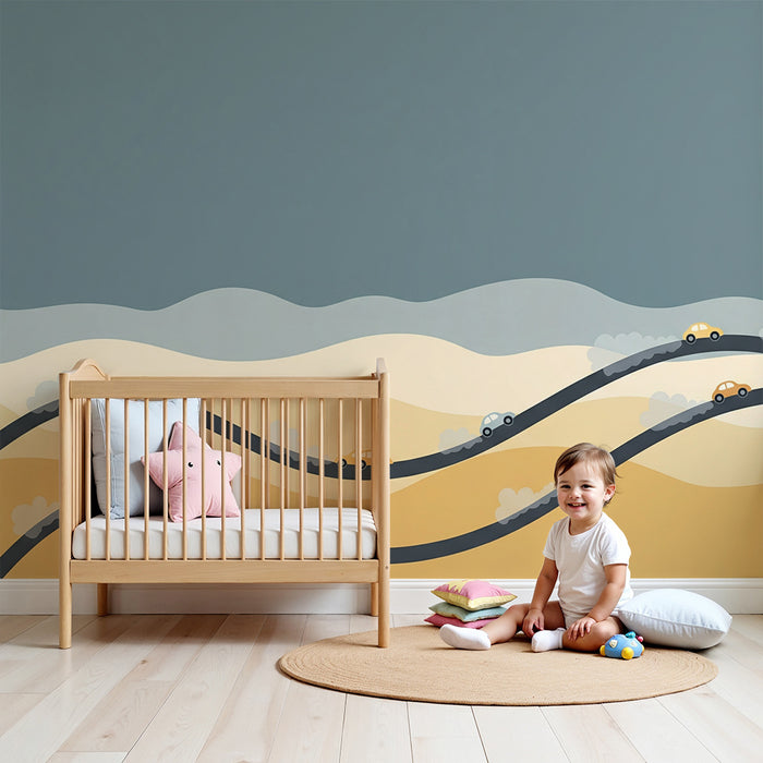 Papier peint chambre enfant | Route sinueuse dans le désert avec voitures colorées