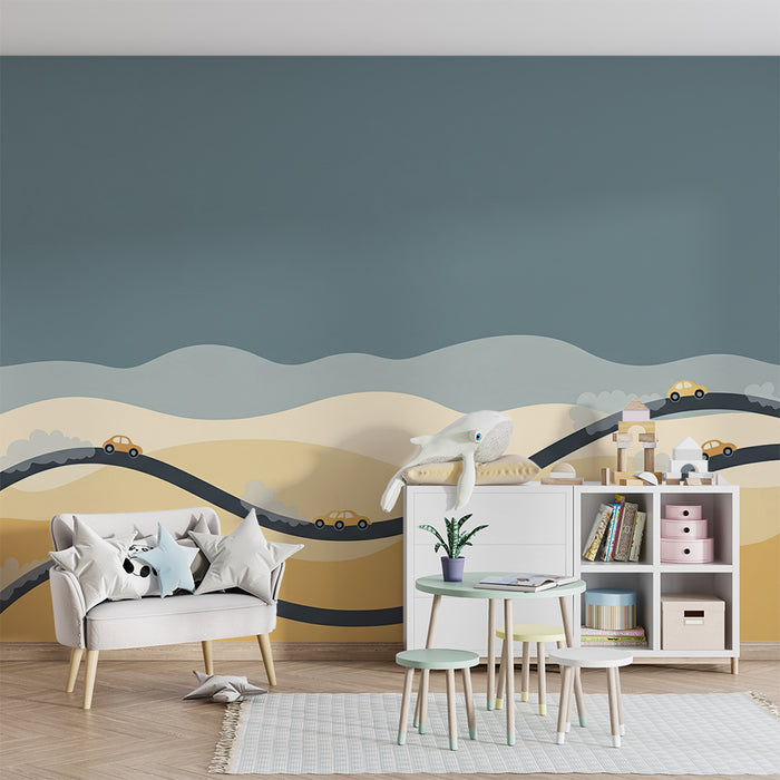 Papier peint chambre enfant | Route sinueuse dans le désert avec voitures colorées
