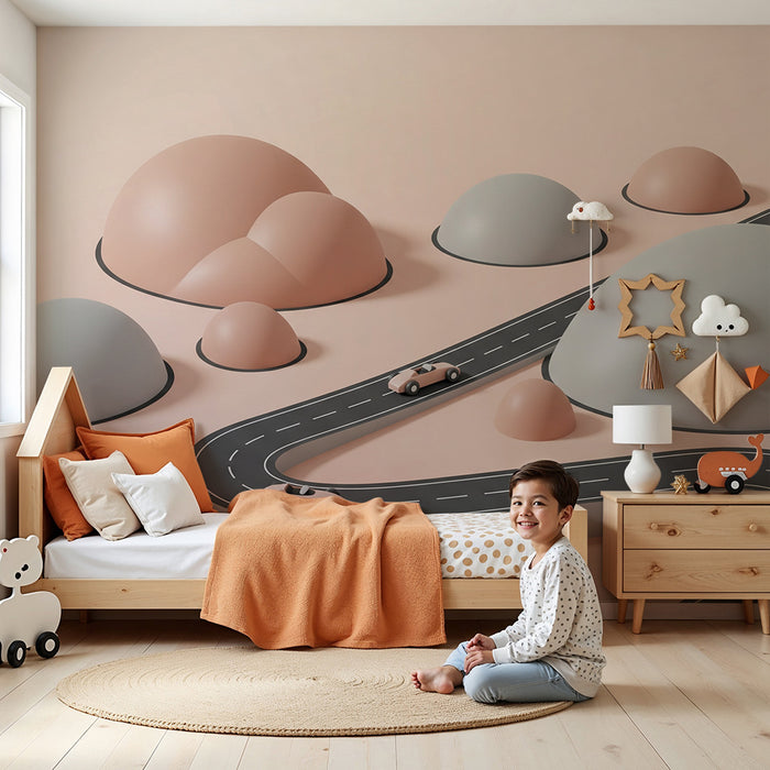 Papier peint chambre enfant | Route sinueuse et collines pastel pour une aventure ludique