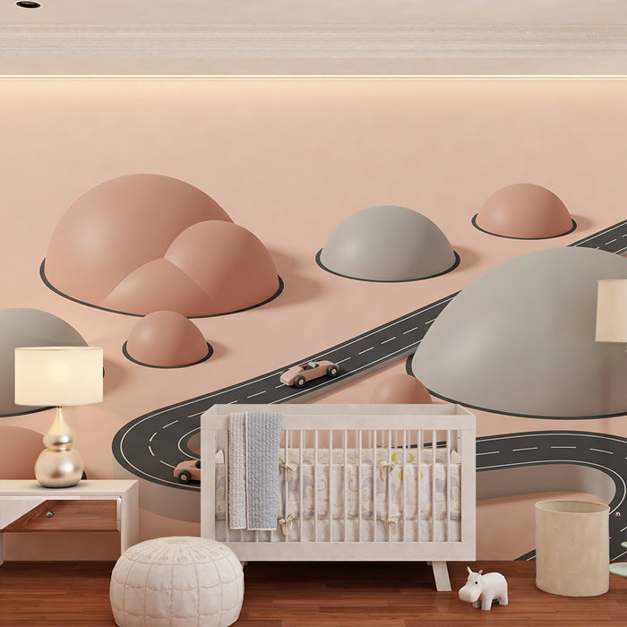 Papier peint chambre enfant | Route sinueuse et collines pastel pour une aventure ludique