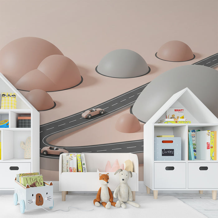Papier peint chambre enfant | Route sinueuse et collines pastel pour une aventure ludique