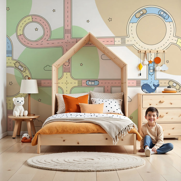 Papel pintado infantil | Rutas coloridas y coches