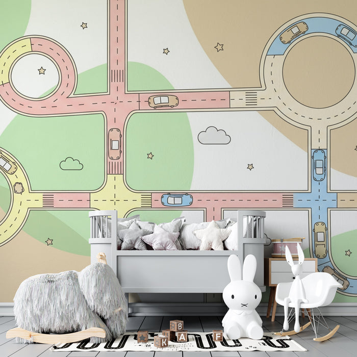Papel pintado infantil | Rutas coloridas y coches