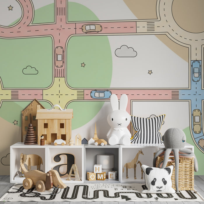 Papel pintado infantil | Rutas coloridas y coches