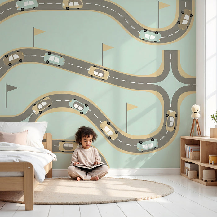 Papier peint chambre enfant | Routes sinueuses avec voitures et drapeaux colorés