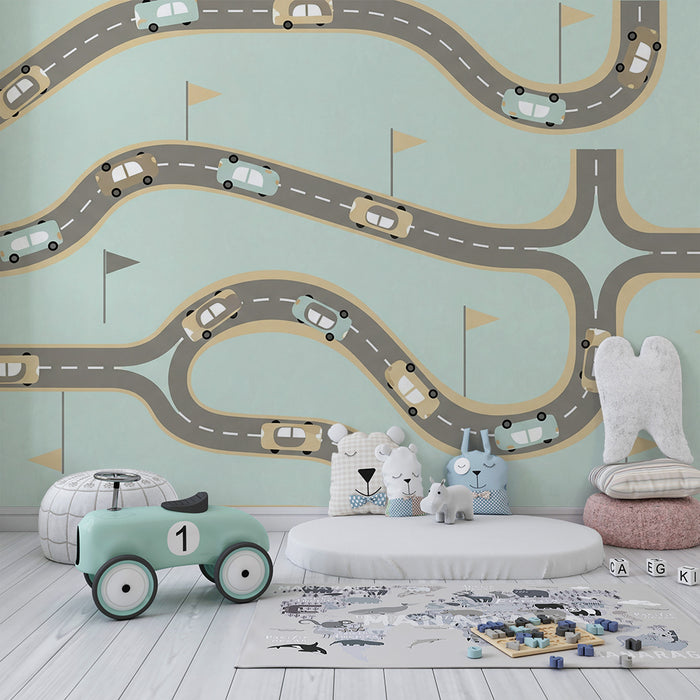 Papier peint chambre enfant | Routes sinueuses avec voitures et drapeaux colorés