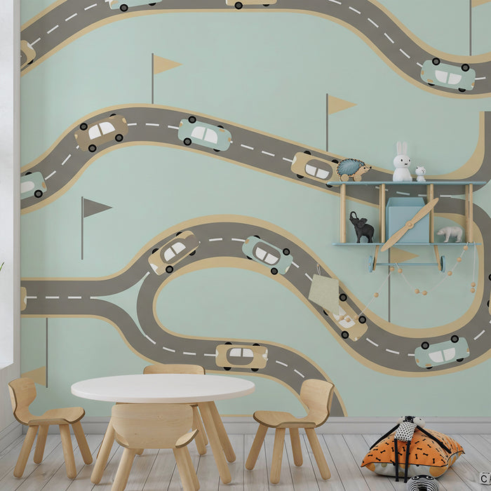 Papier peint chambre enfant | Routes sinueuses avec voitures et drapeaux colorés