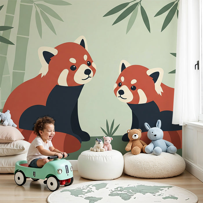 Tapet pentru cameră de copii | Panda roșu și bambus într-o decorare liniștitoare