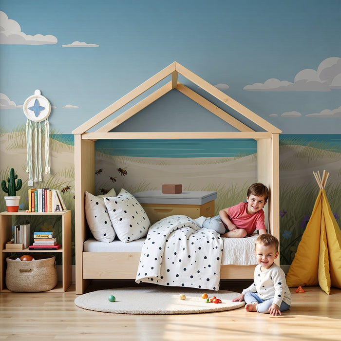 Kinderzimmer-Tapete | Bienenstock am Meer mit bunten Blüten