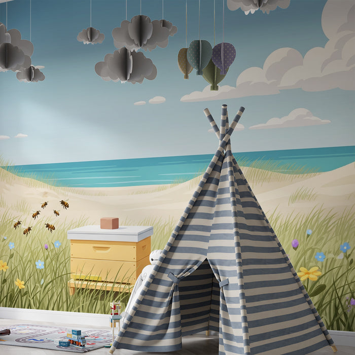 Kinderzimmer-Tapete | Bienenstock am Meer mit bunten Blüten