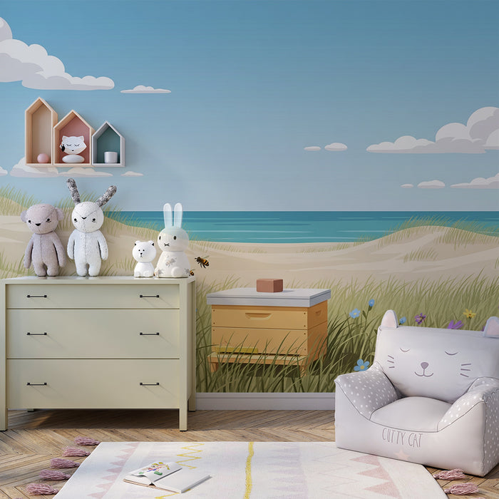 Kinderzimmer-Tapete | Bienenstock am Meer mit bunten Blüten