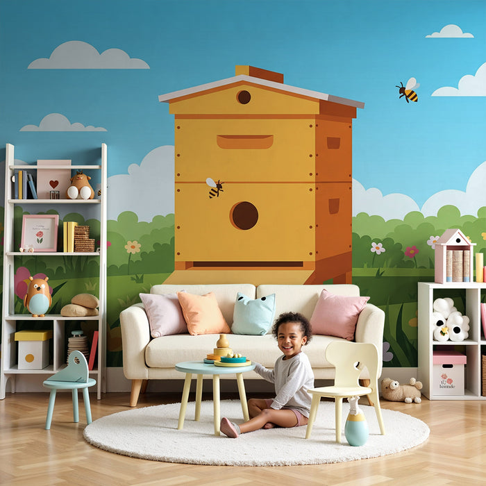 Kids' Room Wallpaper | Colorful Beehive with Flowers and Blue Sky