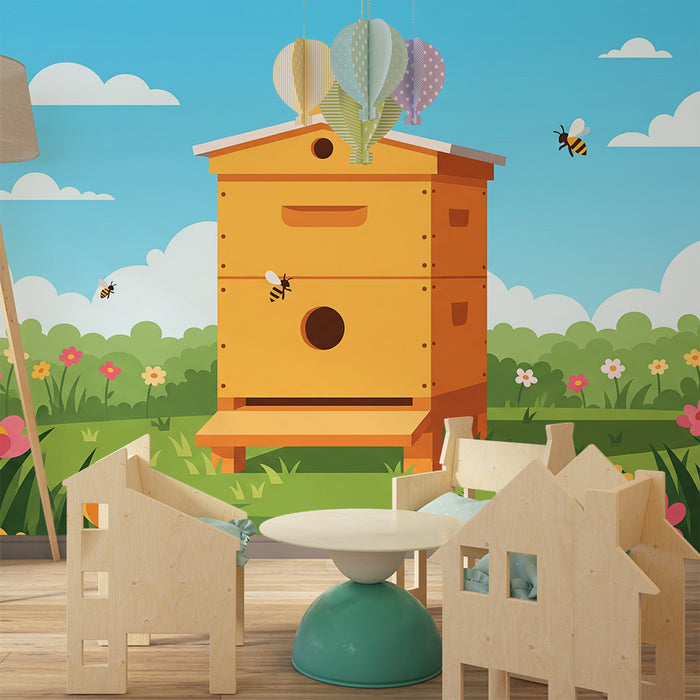 Kids' Room Wallpaper | Colorful Beehive with Flowers and Blue Sky