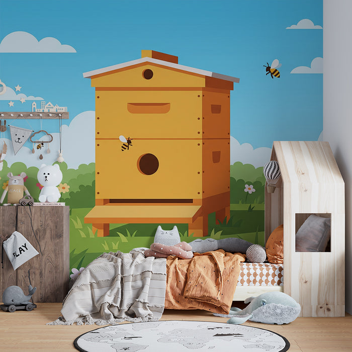 Kids' Room Wallpaper | Colorful Beehive with Flowers and Blue Sky