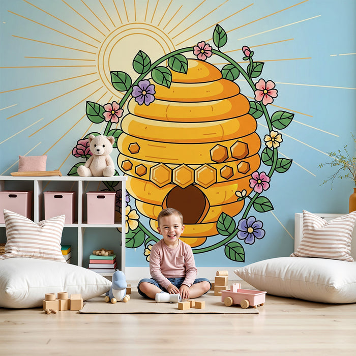 Papier peint chambre enfant | Ruche colorée entourée de fleurs et de soleil