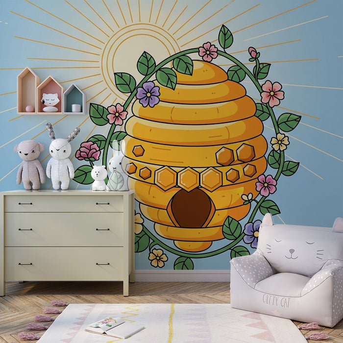 Papier peint chambre enfant | Ruche colorée entourée de fleurs et de soleil