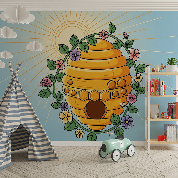Papier peint chambre enfant | Ruche colorée entourée de fleurs et de soleil