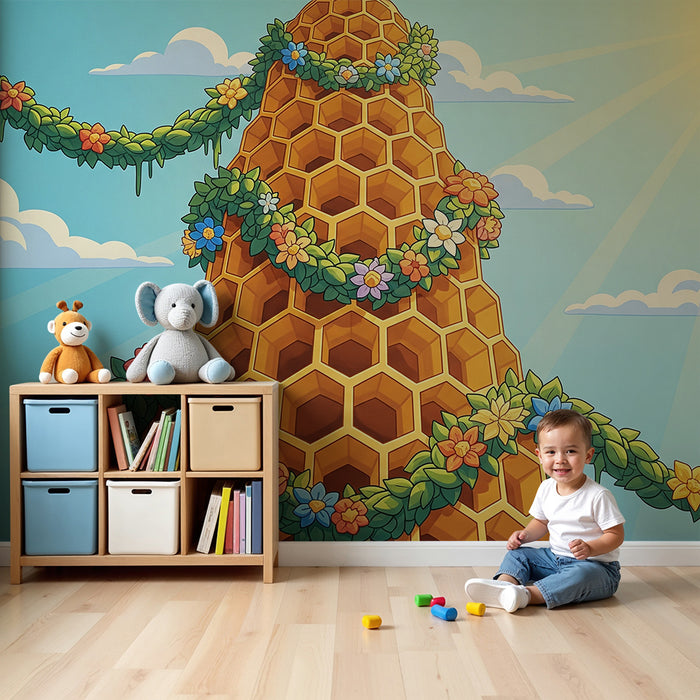 Papier peint chambre enfant | Ruche colorée entourée de fleurs et de verdure