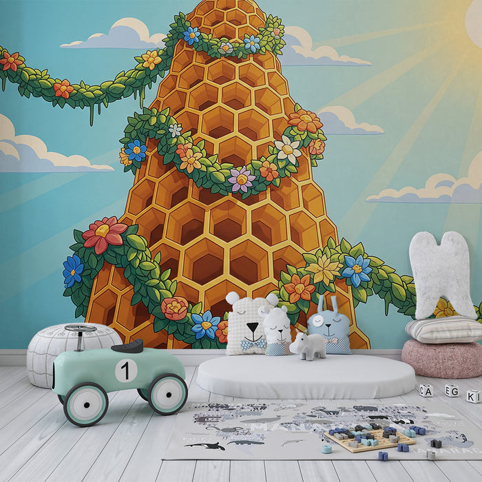 Papier peint chambre enfant | Ruche colorée entourée de fleurs et de verdure