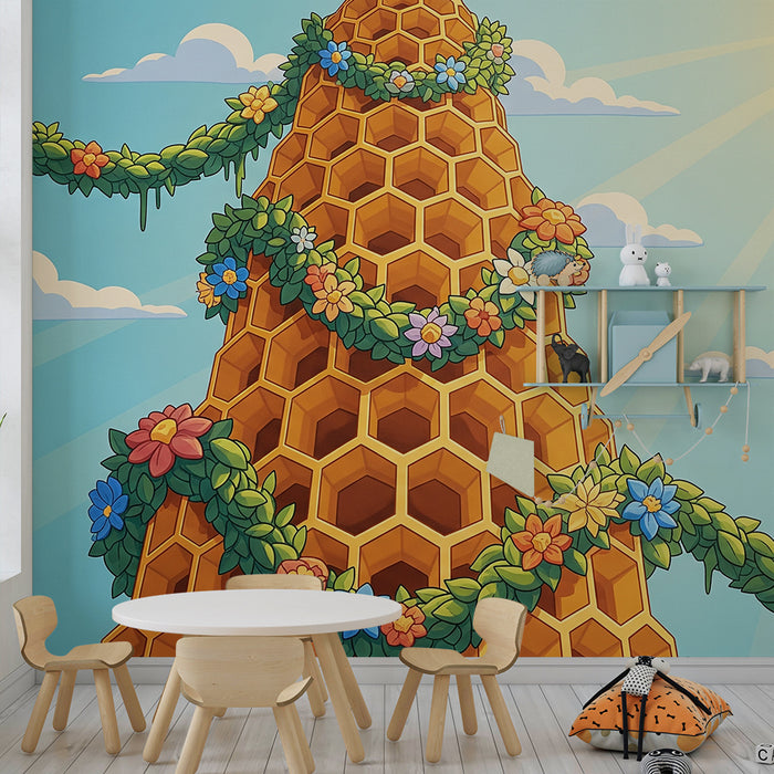 Papier peint chambre enfant | Ruche colorée entourée de fleurs et de verdure
