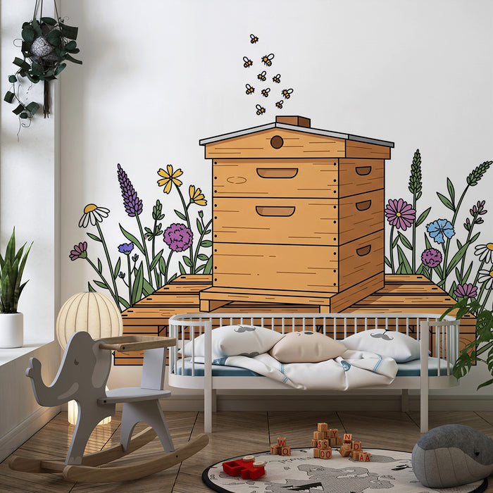 Barnrumspapper | Träbikupa omgiven av färgglada blommor