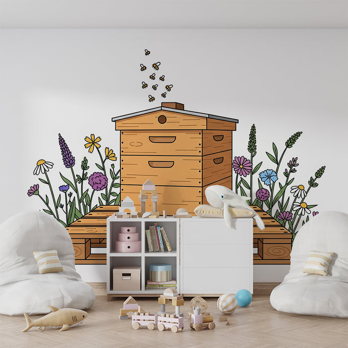 Barnrumspapper | Träbikupa omgiven av färgglada blommor
