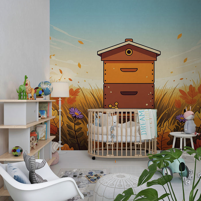 Barnrumspapper | Bi-kula omgiven av höstblommor och löv