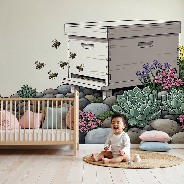 Papel de parede para quarto de criança | Abelhas e flores coloridas num jardim animado