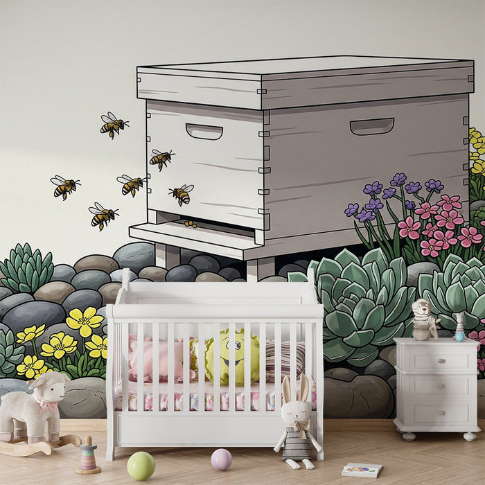 Papel de parede para quarto de criança | Abelhas e flores coloridas num jardim animado