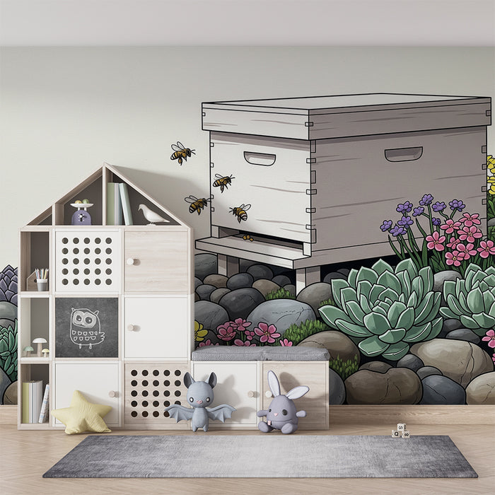 Papel de parede para quarto de criança | Abelhas e flores coloridas num jardim animado