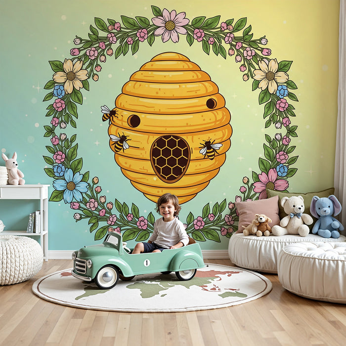 Papier peint chambre enfant | Ruche joyeuse entourée de fleurs colorées