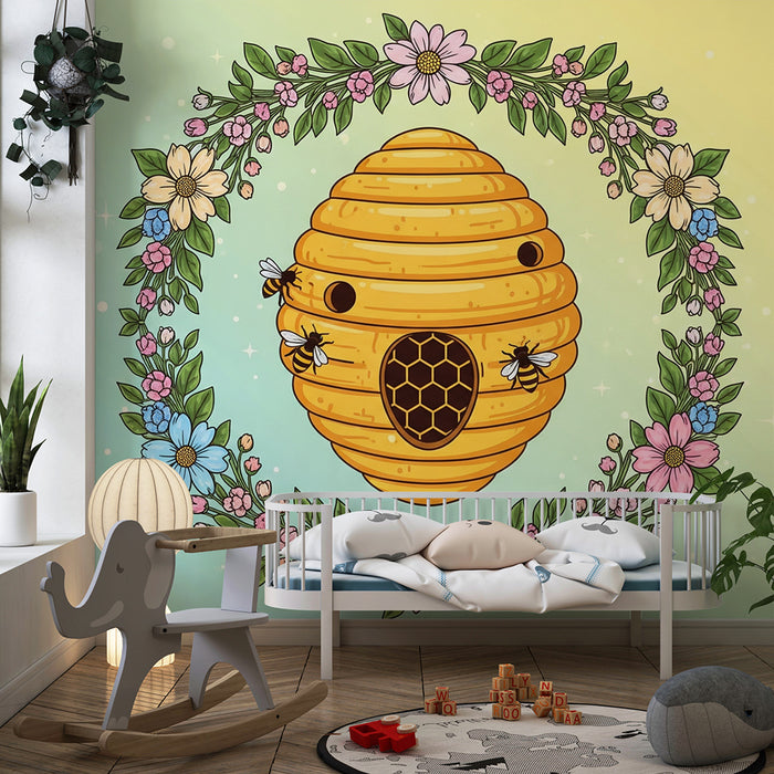 Papier peint chambre enfant | Ruche joyeuse entourée de fleurs colorées