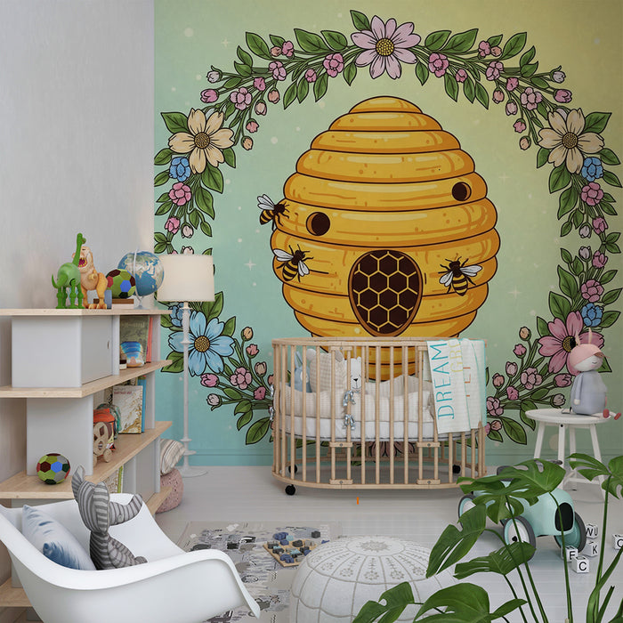 Papier peint chambre enfant | Ruche joyeuse entourée de fleurs colorées