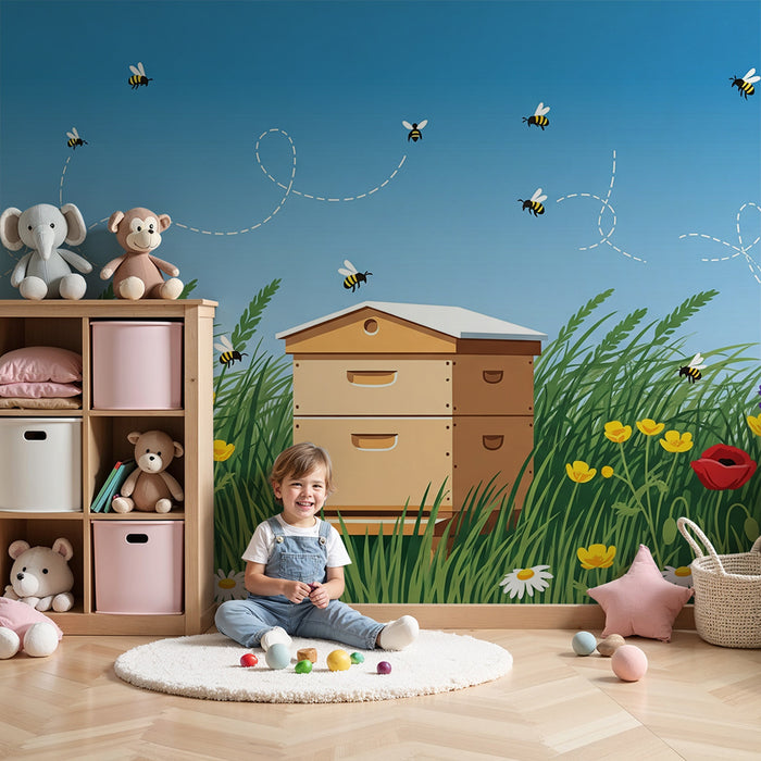 Kinderzimmer-Tapete | Bunte Bienenwiese mit Blumen und Bienen auf sonniger Wiese